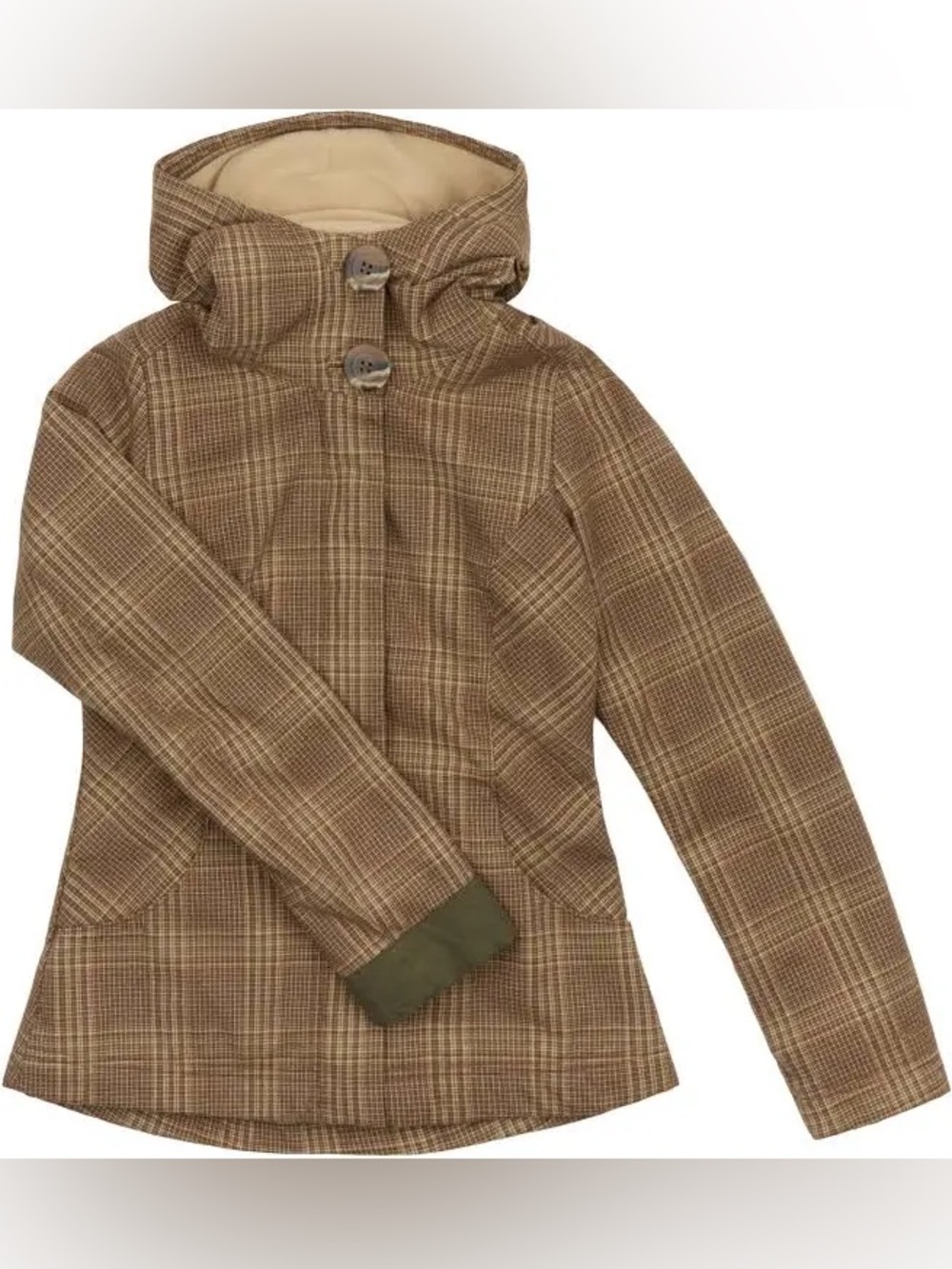 Patagonia Women’s Hooded Windproof “Darya” Coat in Acorn Brown Plaid